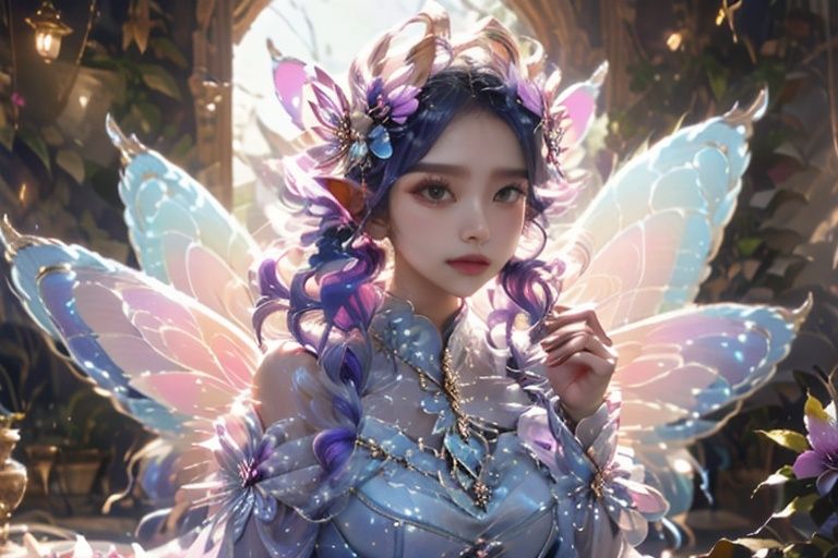 fairy, butterfly_wings,gem,focus on face,vibrant colors,stunning environment ,soft lighting,gorgeous light and shadow,sheer clothes,puiple clothes,stylish pose,(Shirtwaist Dress),hand up,flowers