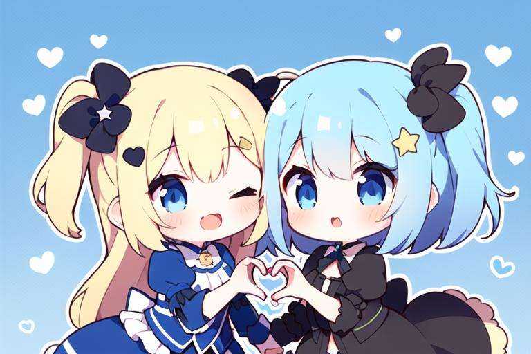 2girl,  ( star hair ornament) girl,blue hair, short hair, blue eyes, chibi,heart hands duo, wince, one eye closed,  prt,blonde hair, blue eyes, one side up,( long hair) girl, chibi, 