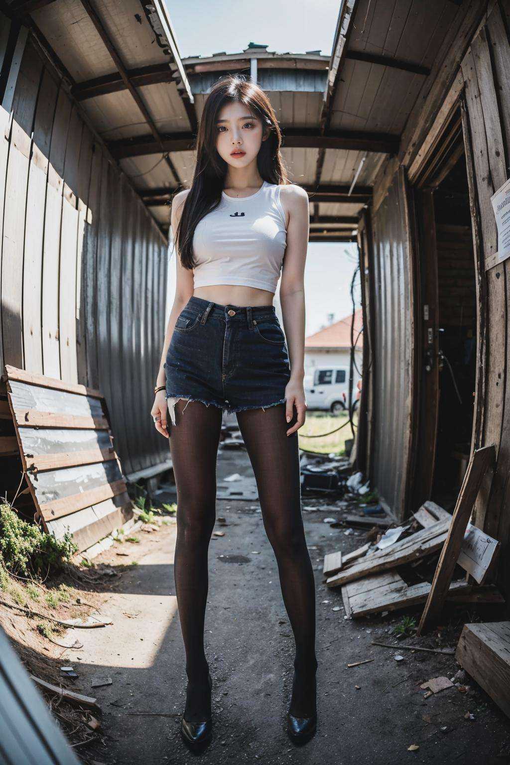 postapocalypse, photo of a kpop idol (women:1.3) standing by a wrecked old van, pantyhose, revealing clothes,natural lighting, 8k uhd, high quality, film grain, Fujifilm XT3