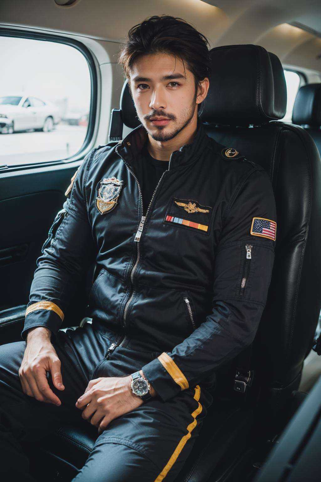 RAW photo, (a handsome man:1.3), (facial hair:1.1), thighs, (pilot suit, :1.2), (dark skin:1.2), (high detailed skin:1.2), 8k uhd, dslr, soft lighting, high quality, film grain, Fujifilm XT3, <lora:muscle_slider_v1:1>, 