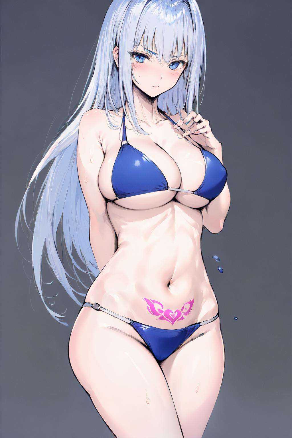 (masterpiece:1.2), best quality,PIXIV,  1girl,white hair, breasts, solo, large breasts, long hair, swimsuit, blue eyes, navel, bikini, tattoo, breast tattoo, looking at viewer, cleavage, simple background, arms behind back, bangs, grey hair, grey background, closed mouth, cowboy shot, thighs <lora:line style_20230720122106-000018:1>