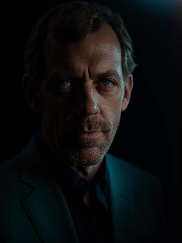 close-up portrait of a award winning photo of hugh laurie posing in a dark studio,  two tone lighting,  sharp focus on Ten...
