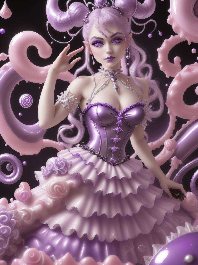 ultra detailed abstract photography of a cute pale CandyLandAI draconian girl in full body pose,  silver ponytail with str...
