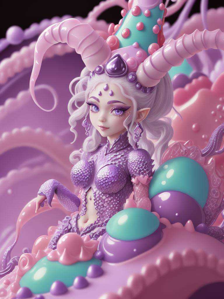 ultra detailed abstract photography of a cute pale CandyLandAI draconian MaiAI in full body pose, silver ponytail with strands hair, (masterpiece), realistic, beautiful face, cinematic light, (beautiful purple eyes:1.3), perfect anatomy,dragon horns,pointy ears, cowboy shot, medium breasts, (fine detailed purple blackish scaly skin:1.3),black lips, black eye shadow BREAK CandyLandAI  background<lyco:CandyLandAI:1.1>