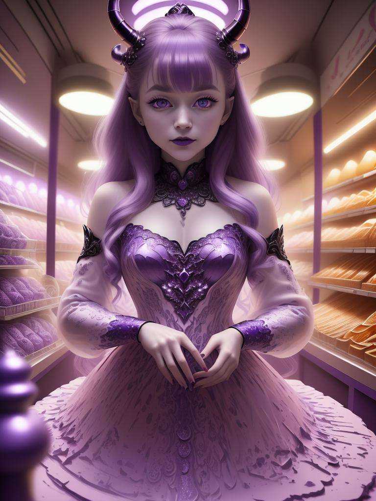hyper detailed abstract photogfraphy of cute pale MaiAI standing in a C4ndyL4ndAI market, (masterpiece), realistic cinematic light, (beautiful purple eyes:1.3), perfect anatomy,dragon horns,pointy ears,(dark purple C4ndyL4ndAI skin:1.3),black lips, black eye shadow, depth of field,<lora:C4ndyL4ndAIv2_1:1>