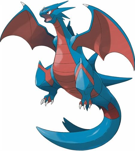 dragon and flying pokemon,  salamence,  black draconic Pokémon with red eyes and with red markings on its throat. It has r...