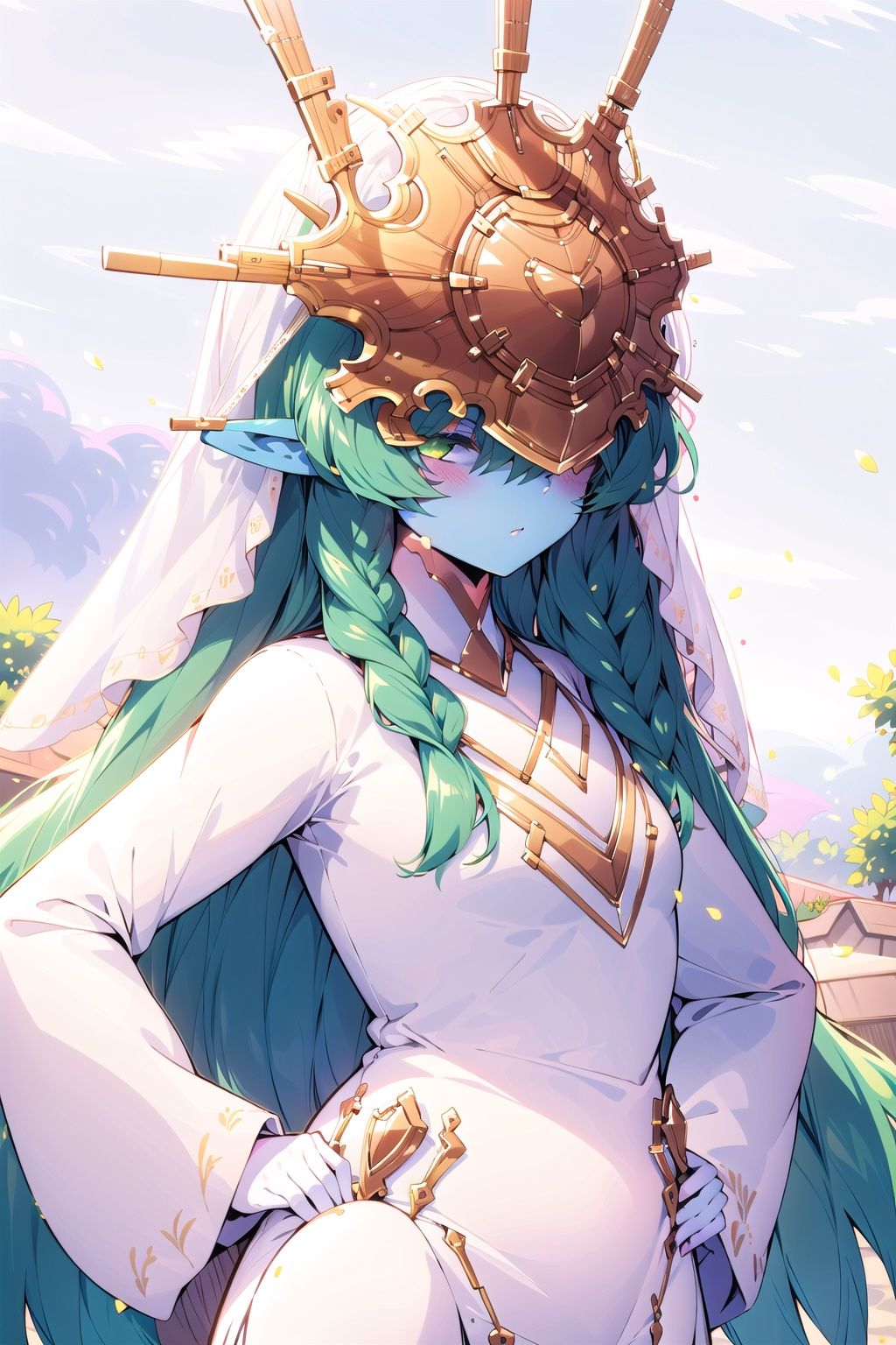 Quantummom, 1girl, solo, veil, dress,  (blue skin:1.1), green hair, pointy ears, white robe, white dress, wide sleeves, long sleeves, simple background,upper body, blush,hands on hips