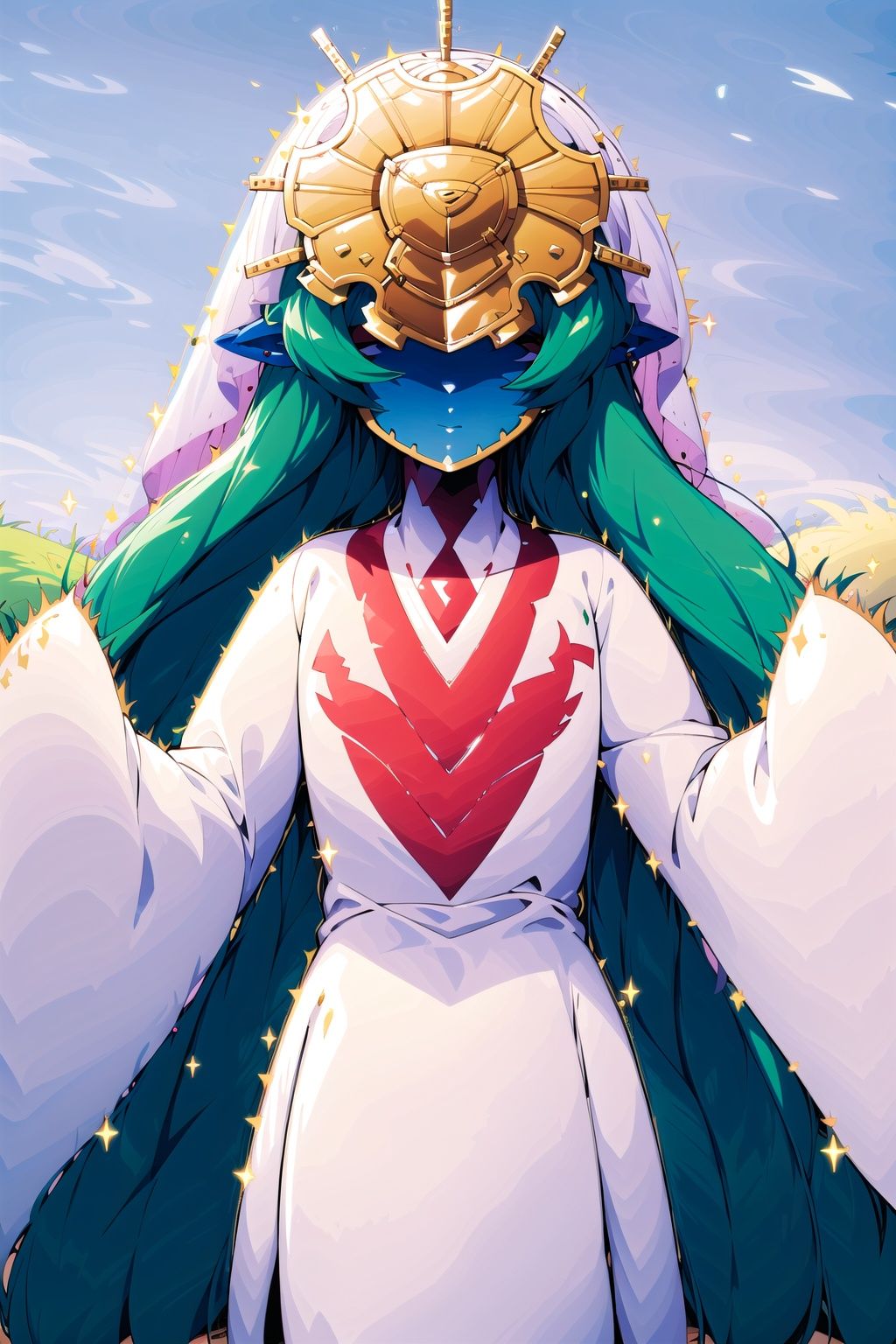 Quantummom, 1girl, solo, veil, dress, green hair, pointy ears, white robe, white dress, wide sleeves, long sleeves, simple background, (blue skin:1.1), upper body, , paw pose,