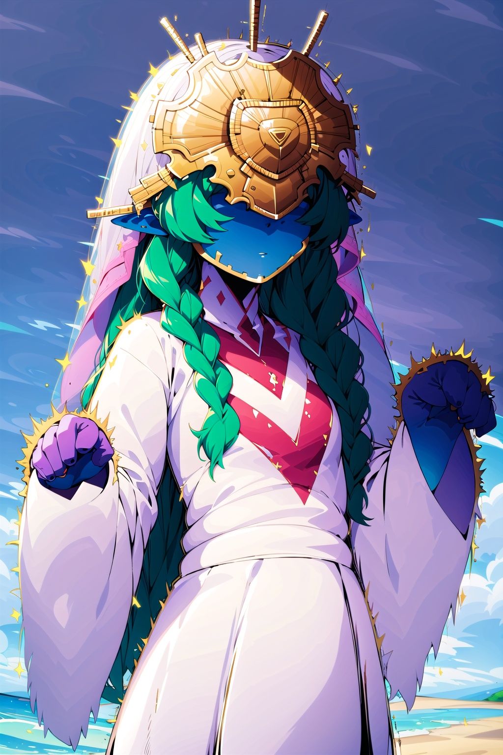 Quantummom, 1girl, solo, veil, dress, green hair, pointy ears, white robe, white dress, wide sleeves, long sleeves, simple background, (blue skin:1.1), upper body, , paw pose,