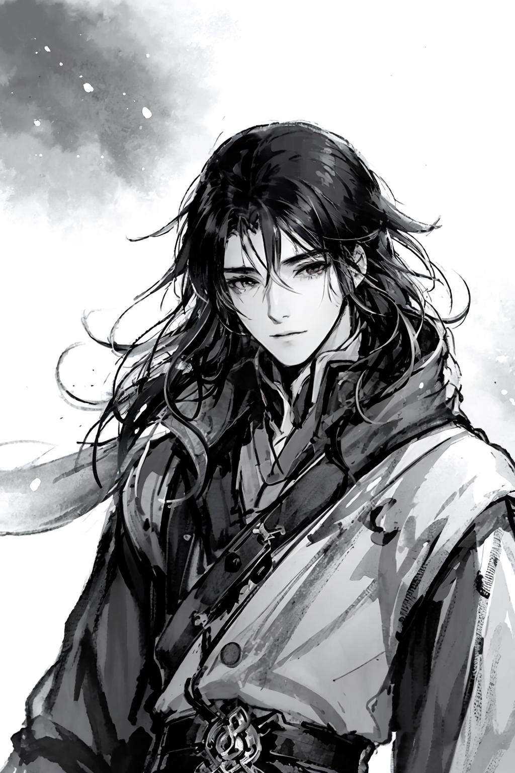 masterpiece, best quality,1boy,standing, black hair bun,cold face, upper body, (front),monochrome, greyscale, 