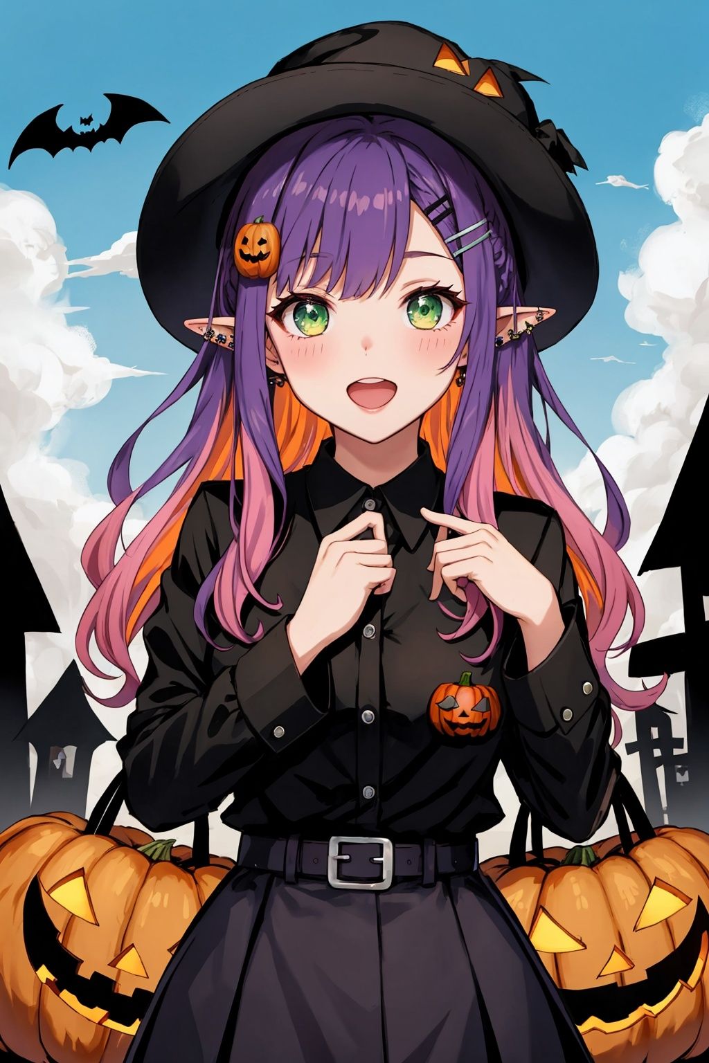  Halloween, jack-o'-lantern, bat, bat, Tombstone, Best quality, 8k, virtual youtuber, tokoyami towa, green eyes, hat, pointy ears, hair ornament, purple hair, looking at viewer, piercing, outdoors, sky, open mouth, long hair, 1girl, cloud, multicolored hair, hairclip, pink hair