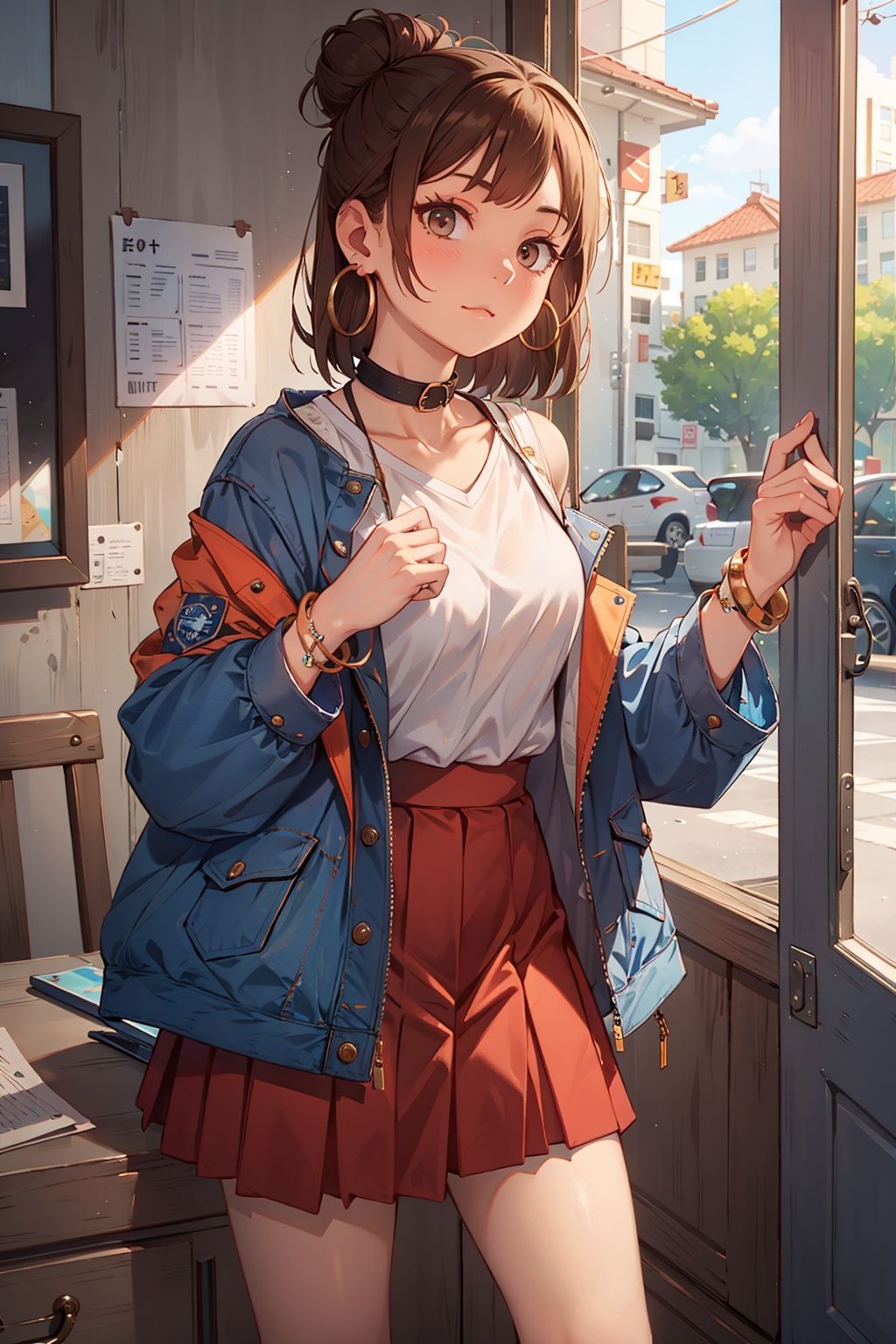 shui001,1girl, solo, jewelry, earrings, skirt, shirt, jacket, brown hair, white shirt, bracelet, hair bun, single hair bun, long skirt, closed mouth, hoop earrings, blue jacket, sleeves rolled up, open clothes, makeup, orange skirt