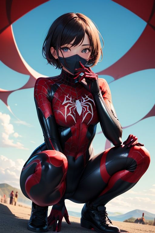 (masterpiece, best quality:1.2),  solo, 1girl, cindymoon, looking at viewer, squatting, mouth mask, short hair, bodysuit, spider web print