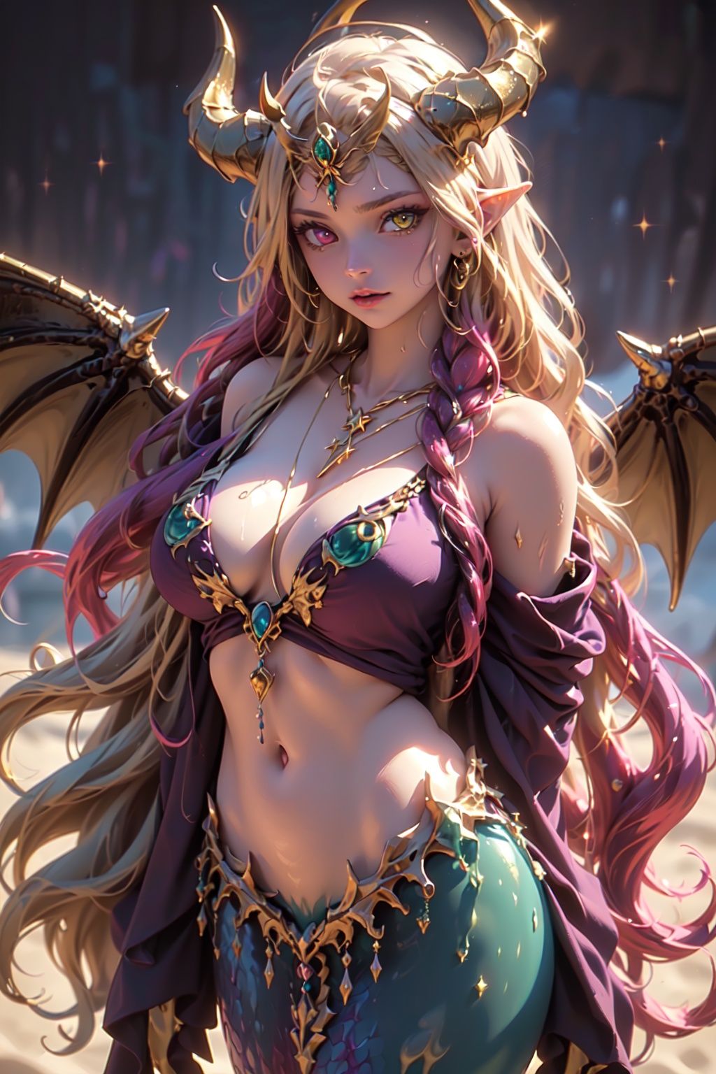 (((elf,purple and gold star slime girl))),((((multicolored_hair,blond and purple hair,long hair,slime hair)))),(((heterochromia,purple and yellow eyes))),(jewel_like eyes),detailed eyes, detailed face ,g_cup size breast,(((holy halo,four wings,star wings))),((purple and gold slime tentacle))),(((big horns,gold horns, purple horns,four horns))),(((a lot of jewel,galactic tiara,star shaped necklace))),((gold and purple bikini)),(((dragon mermaid tail))),((beach,noon)),