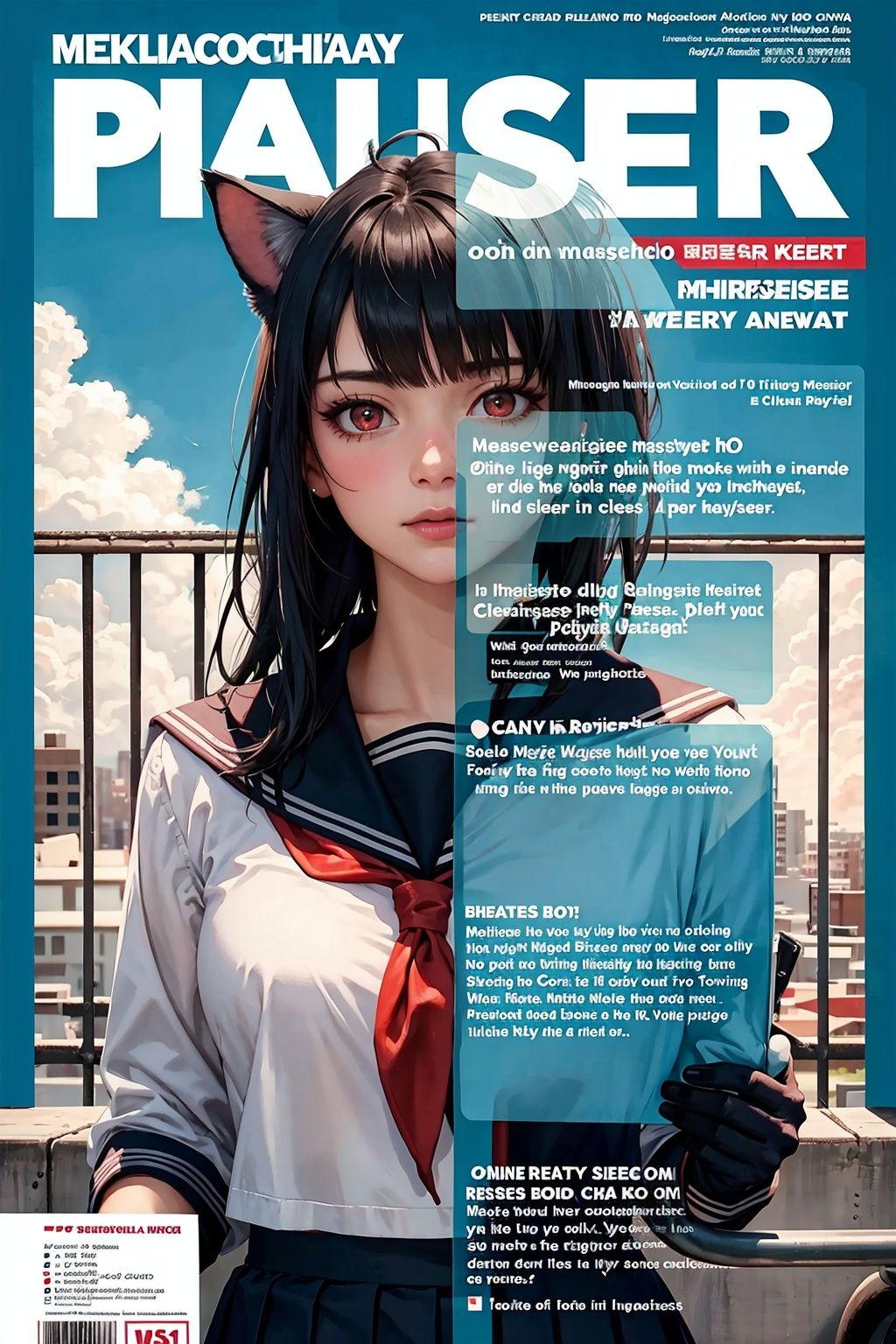 ((masterpiece, best quality)),a girl, solo, skirt, sky, sitting, pantyhose, serafuku, cloud,black gloves, outdoors, neckerchief ,day, bangs, fence, shirt, ahoge, rooftop, long hair, white pantyhose, black hair, school uniform, white sailor collar, red eyes, sailor collar, blue skirt, red neckerchief, blue serafuku, animal ears, blue sky, long sleeves, blue shirt, looking at viewer, closed mouth,cat ears, chain-link fence, pleated skirt, cloudy sky, trash can
(magazine:1.3), (cover-style:1.3), fashionable, woman, vibrant, outfit, posing, front, colorful, dynamic, background, elements, confident, expression, holding, statement, accessory, majestic, coiled, around, touch, scene, text, cover, bold, attention-grabbing, title, stylish, font, catchy, headline, larger, striking, modern, trendy, focus, fashion,