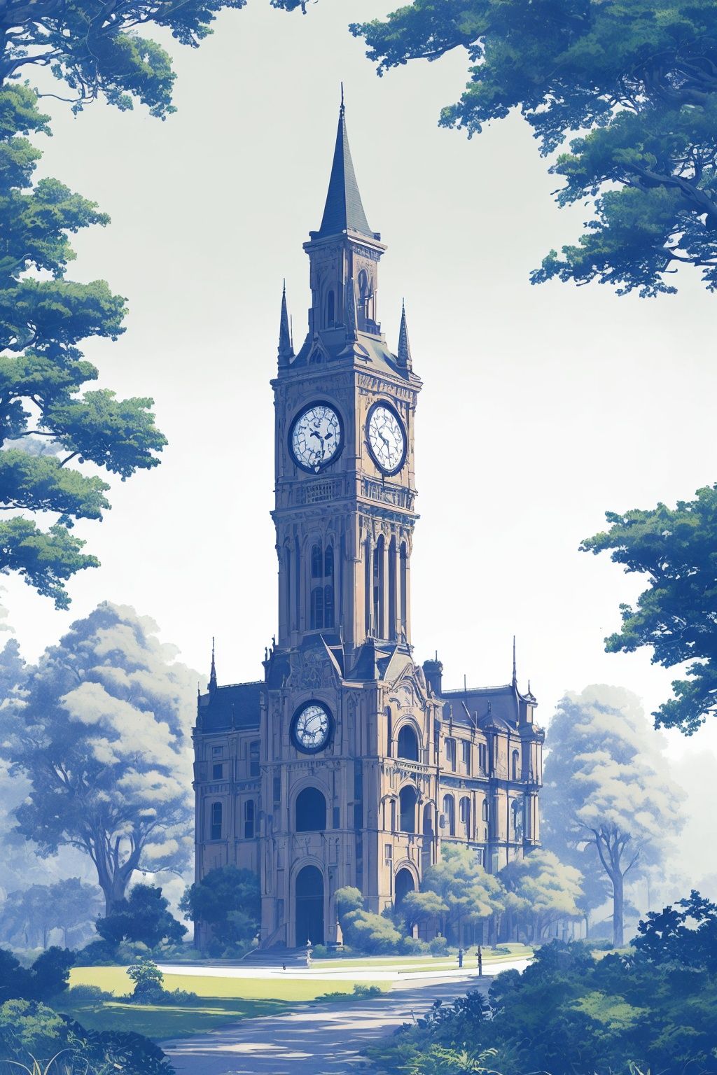 The image features a large, ornate Gothic-style building with a tall clock tower. The building is surrounded by a lush green landscape, giving it a serene and majestic appearance. The clock on the tower is prominently visible, and the tower itself is adorned with a green light, adding to the building's grandeur. The scene is further enhanced by the presence of a few trees scattered throughout the landscape, providing a sense of depth and natural beauty to the image.