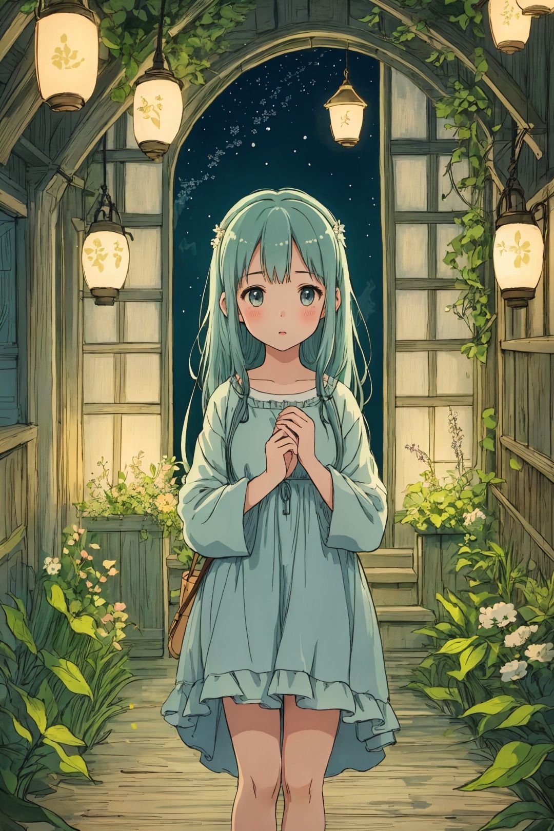  
A girl wearing a charming cat-themed onesie pajama in the style reminiscent of Studio Ghibli. The girl exudes a sense of innocence and wonder, with bright and expressive eyes that captivate the viewer. Her sleepwear is beautifully illustrated with intricate patterns and delicate details, showcasing the attention to aesthetics and craftsmanship characteristic of Ghibli films. The overall composition of the scene reflects the enchanting and whimsical atmosphere commonly found in Studio Ghibli animations. The girl is surrounded by a serene and magical setting, with lush nature elements, softly glowing lanterns, and a gentle breeze that adds movement to her hair and the surrounding scenery. The color palette is rich and vibrant, with a mix of warm and cool tones that create a harmonious and inviting ambiance. (best quality, highres, ultra-detailed:1.2), soft and warm lighting, Ghibli-inspired art style, intricate patterns and details, magical and serene atmosphere, expressive and captivating eyes.

Negative Prompt:
nsfw, (low quality, normal quality, worst quality, jpeg artifacts), cropped, monochrome, lowres, low saturation, (watermark), (white letters), inappropriate poses, excessive fanservice, unnatural proportions, poor character design, harsh lighting, cluttered background, busy patterns, dull color palette.
