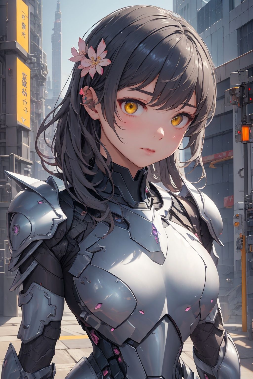 upper body, armor, shoulder_armor, hemlet,  male focus, solo,  realistic:1.5, cityscape, science_fiction, building, glow, metal, yellow,sakura_chiyo,无,FujiwaraChika,anime portrait,cute monster,chunxue,1girl,QMSJ,tec,blue_jijiaS