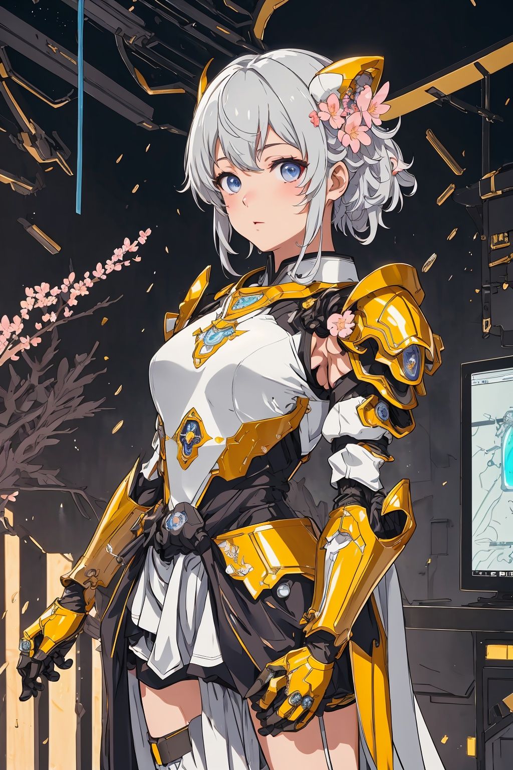 upper body, armor, shoulder_armor, hemlet,  male focus, solo,  realistic:1.5, cityscape, science_fiction, building, glow, metal, yellow,sakura_chiyo,无,FujiwaraChika,anime portrait,cute monster,chunxue,1girl,QMSJ,tec,blue_jijiaS