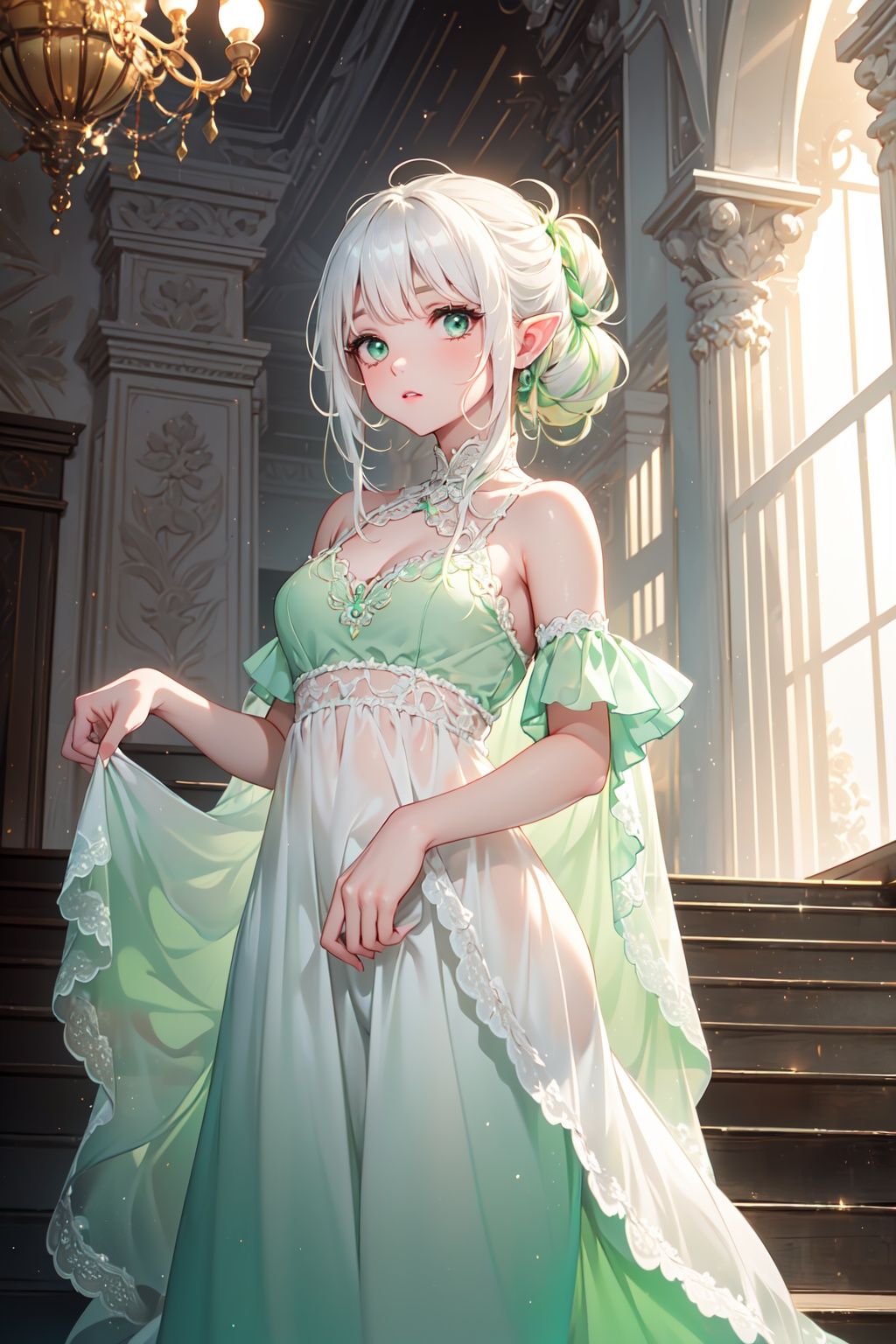 best quality, masterpiece,,(solo),elf,(close up),,1girl,bright white hair,(haf updo),gray eyes,floating hair,(raise),,night gown,(gown_\(White and green gradient color\):1.2),bare shoulders,,in palace,hall,stair railing,sunlight,from below,