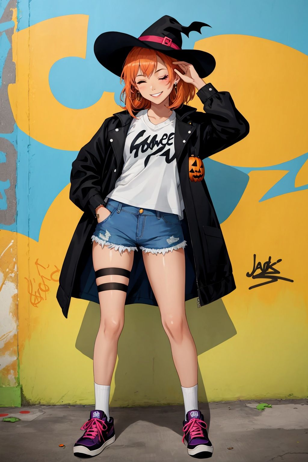  best quality,masterpiece,illustration,earrings,bodypaint,hand in pocket,Denim shorts,(black silk stockings),smile,(one eye closed),an extremely delicate and beautiful,extremely detailed,CG,unity,8k,wallpaper,Amazing,finely detail,1 girl, solo, street, graffiti,white shirt, denim jacket, denim shorts, sneakers,(spray painting),(graffiti on the wall),(graffiti), hip-hop, street culture, Halloween, jack-o'-lantern, bat, bat, Tombstone, Best quality, 8k