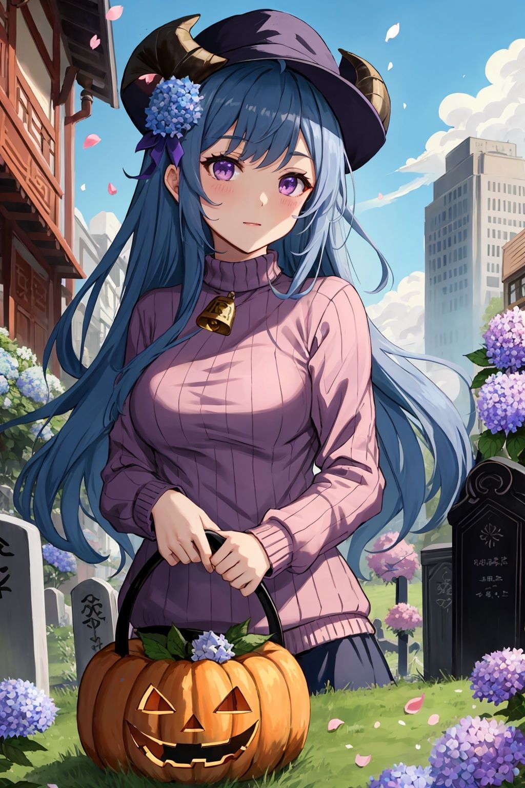  Halloween, jack-o'-lantern, bat, bat, Tombstone, Best quality, 8k,flower, petals, ganyu \(genshin impact\), purple flower, pink flower, horns, goat horns, building, 1girl, ahoge, cherry blossoms, skyscraper, falling petals, ribbed sweater, long sleeves, looking at viewer, hydrangea, breasts, purple eyes, sweater, purple rose, medium breasts, blue flower, white flower, bell, cowbell, long hair, outdoors, day, blue hair, town, sheep, rose petals, pink rose, very long hair