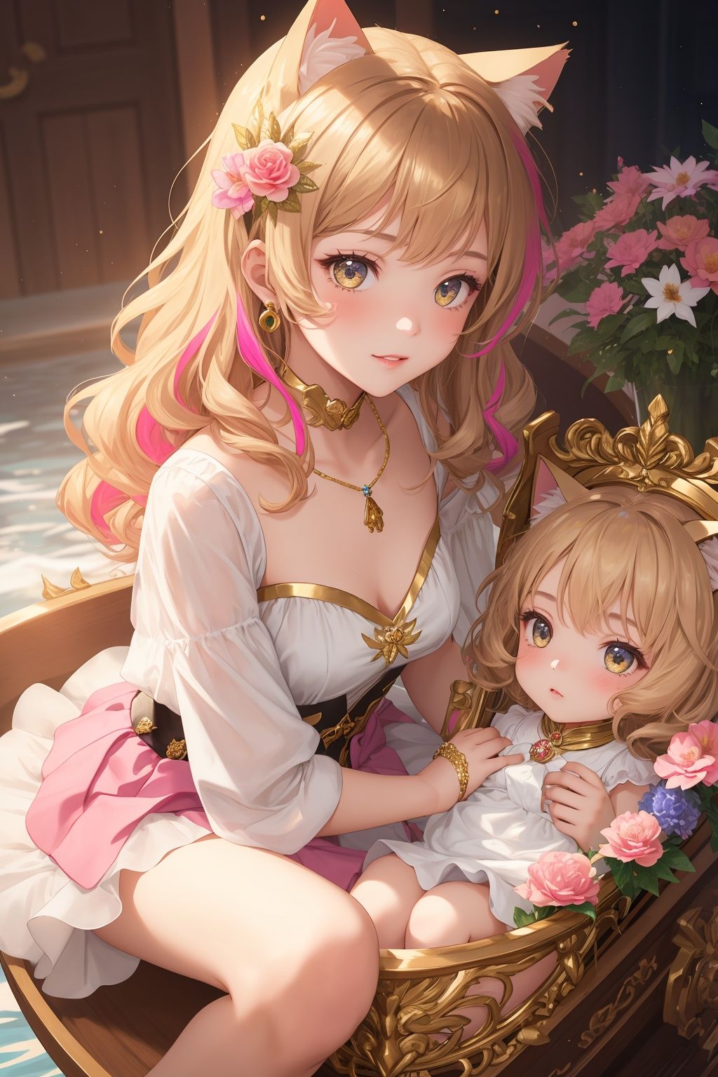 1girl, wearing a white tulle skirt with golden tassels, exquisite face, gold jewelry, gold decoration, black wavy hair, a pair of cat ears that can control water around her, dazzling and colorful, extremely cute, sitting in a cradle full of flowers,Pink Mecha