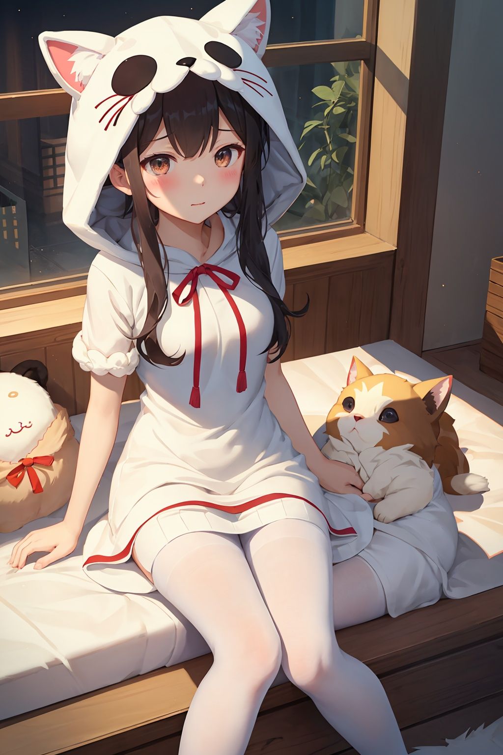 女孩,眯眼笑,white pantyhose,cozy animation scenes,short dress,long hair,cozy animation scenes,yuyao,双马尾,animal hood