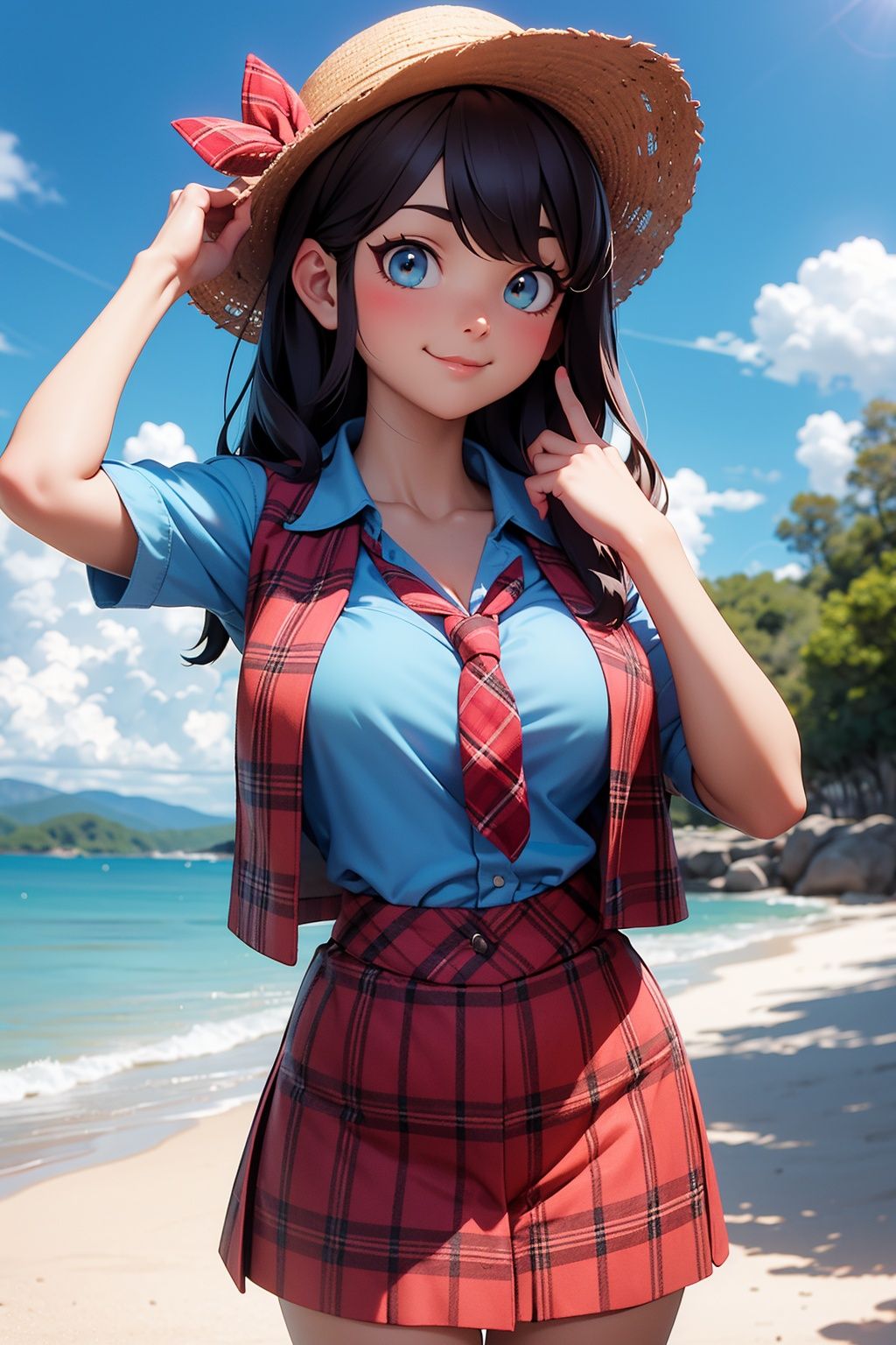 3dmm,masterpiece, high quality best quality,1girl, bangs, beach, blue_sky, blush, bow, breasts, checkered, checkered_shirt, checkered_skirt, cloud, cloudy_sky, collarbone, day, envelope, giving, grass, hair_bow, heart, holding, holding_letter, horizon, incoming_gift, kazami_yuuka, leaning_forward, lens_flare, letter, light_rays, long_hair, looking_at_viewer, love_letter, mountain, mountainous_horizon, ocean, outdoors, plaid, plaid_background, plaid_bikini, plaid_bow, plaid_bowtie, plaid_bra, plaid_dress, plaid_headwear, plaid_jacket, plaid_legwear, plaid_necktie, plaid_neckwear, plaid_panties, plaid_pants, plaid_ribbon, plaid_scarf, plaid_shirt, plaid_skirt, plaid_vest, pov, shirt, skirt, sky, smile, solo, sun, sunbeam, sunlight, tree, unmoving_pattern
