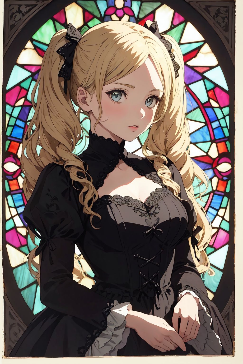  Illustration of a blonde anime twintails wavy hair girl wearing a Gothic lace dress in the style of the Edwardian era, captured in a vintage etching. Her dress is adorned with intricate details reminiscent of Damascus steel. beautiful colorful stained glass ,twintails, cute