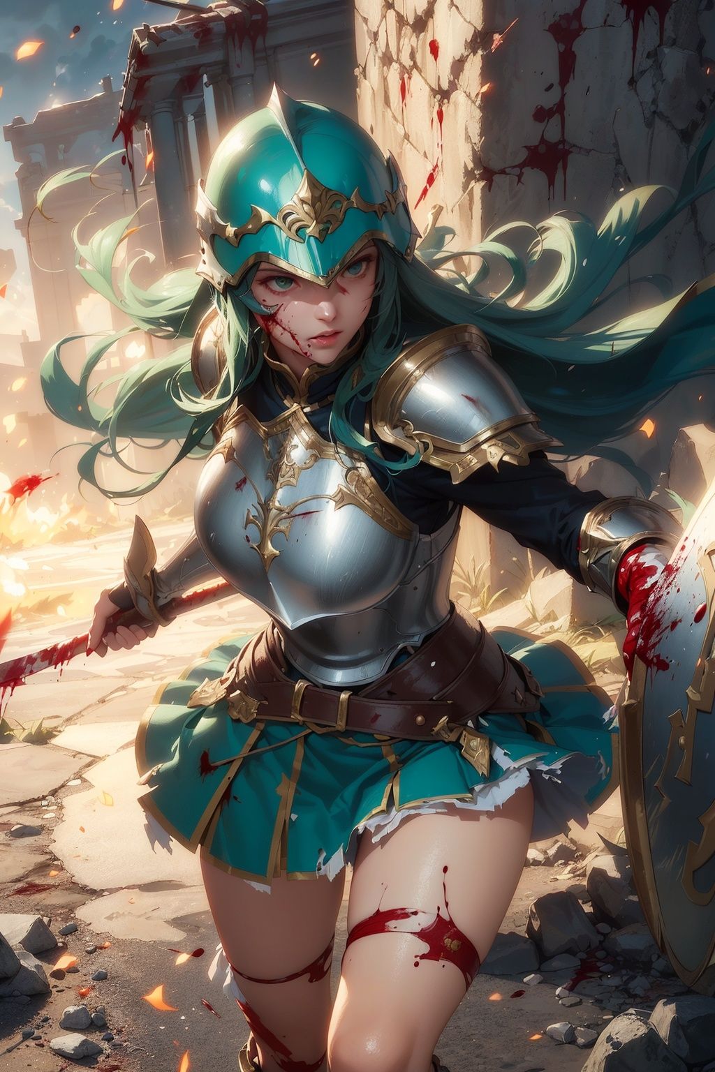 (pov), solo, nephenee fe, green long hair, green eyes, skirt, thigh band, helmet, armor, breastplate, torn clothes, weapon, right hand spear, large round shield on left hand, holding, holding weapon, multiple pose, multiple focus, (medieval fantasy-style outdoors, drive away with attacks, extreme attack, miracle attack, blood splatter), (art cg, ultra-detailed, best quality, illustration, particle lighting, unity 8k wallpaper, beautiful detailed glow, an extremely delicate and beautiful:1.3), gleaming skin, shiny hair, detailed and delicate costumes,(solo:1.55)