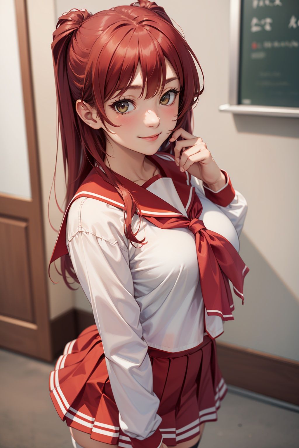 (masterpiece, best quality:1.2), , cowboy shot, solo, 1girl, kousaka tamaki, smile, closed mouth, looking at viewer, school uniform, serafuku, red sailor collar, red neckerchief, red pleated skirt, white thighhighs