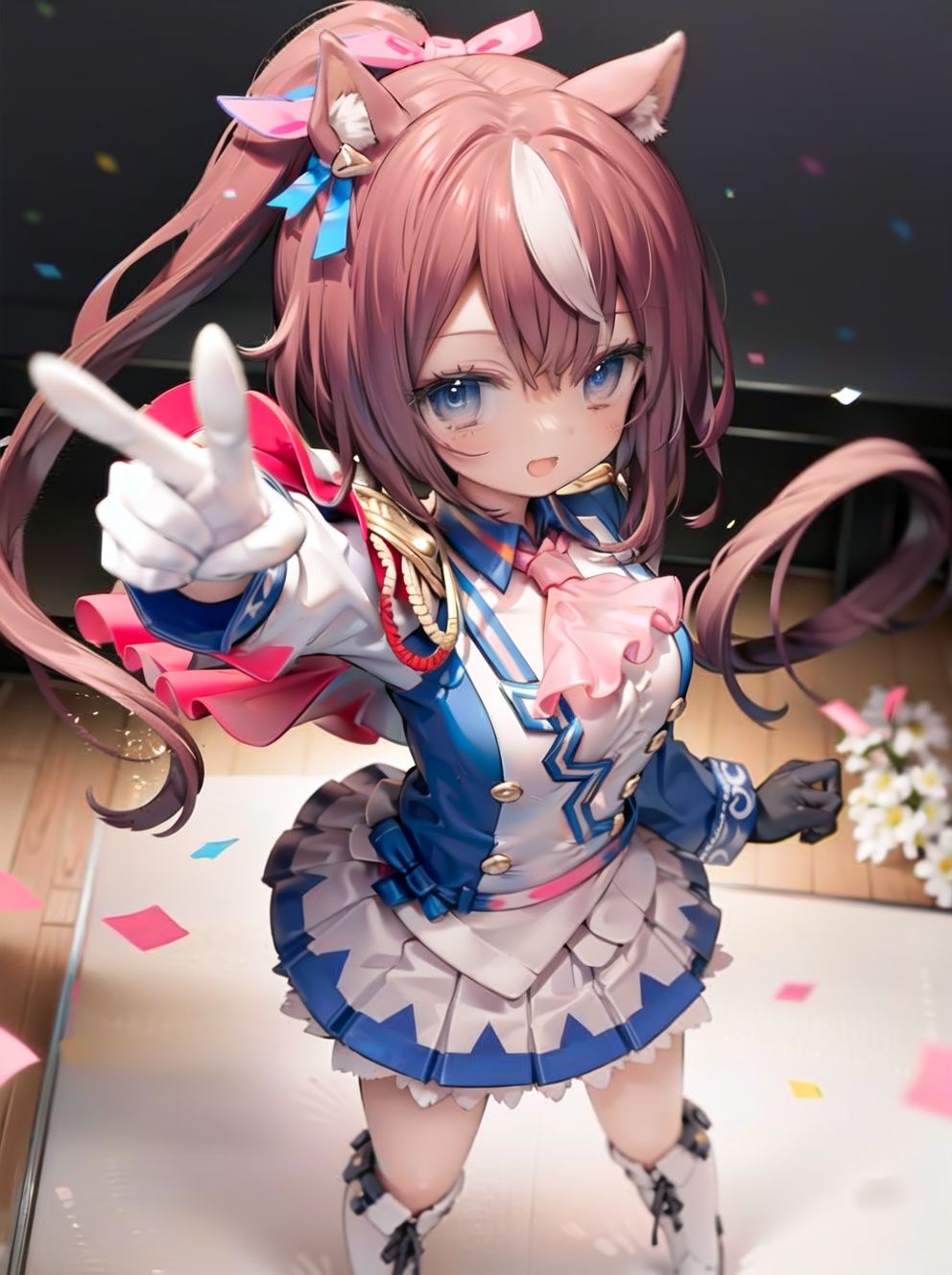 masterpiece, best quality, tokai teio \(umamusume\), from above, brown hair,pointing up, looking up, smile, open mouth, confetti, hair ribbon, pink ribbon, single epaulette, pink ascot, red capelet, long sleeves, asymmetrical gloves, mismatched gloves, white glove, blue glove, multicolored clothes, two-tone jacket, white jacket, blue jacket, shirt, buttons, double-breasted, white skirt, pleated skirt, two-tone skirt, miniskirt, white footwear, knee boots,  <lyco:帝王tokai_teio_loha-000010:0.7>