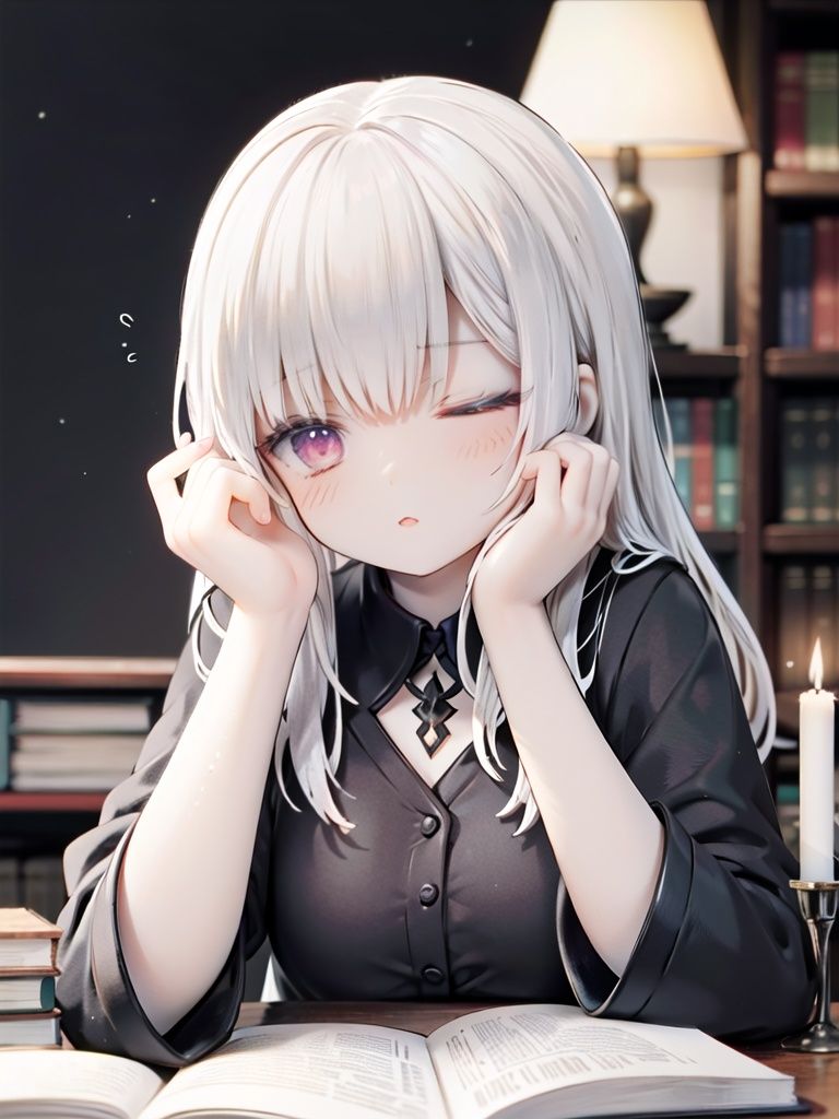 extremely detailed CG unity 8k wallpaper, masterpiece, best quality, ultra-detailed, an extremely delicate and beautiful, night, dark, dim candlelight, candle, messy study room, many books, grimoire, book stock, magic girl, (sleepy), head rest, black robe, vase, finely detail,, masterpiece, best quality,