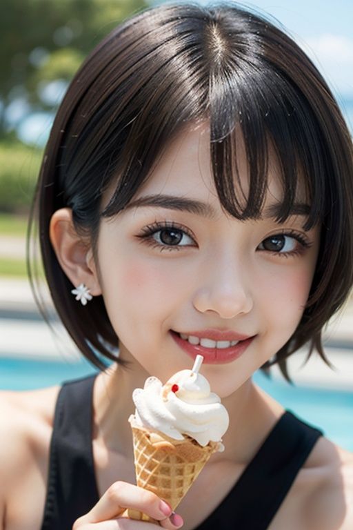 masterpiece,best quality,detail,1girl, solo, food, black hair, realistic, short hair, looking at viewer, ice cream, blurry, holding, blurry background, red nails, bangs, lips, brown eyes, closed mouth, red lips, portrait, nail polish, hair ornament, ice cream cone, smile, holding food, close-up, depth of field