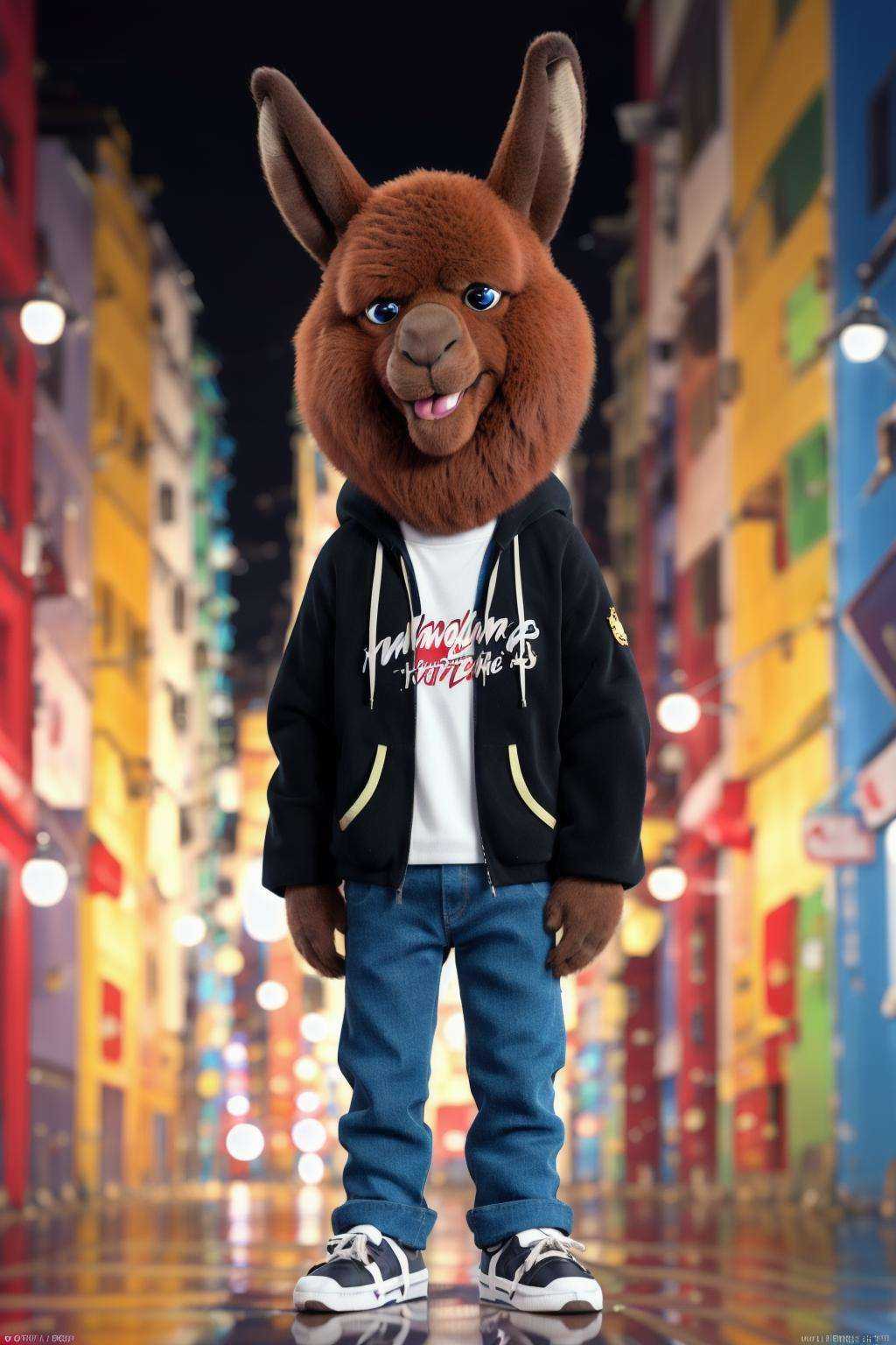 an alpaca with a hooded jacket in hong kong alley,  full body,  motion blur by Clumsy_Trainer on Tensor.Art