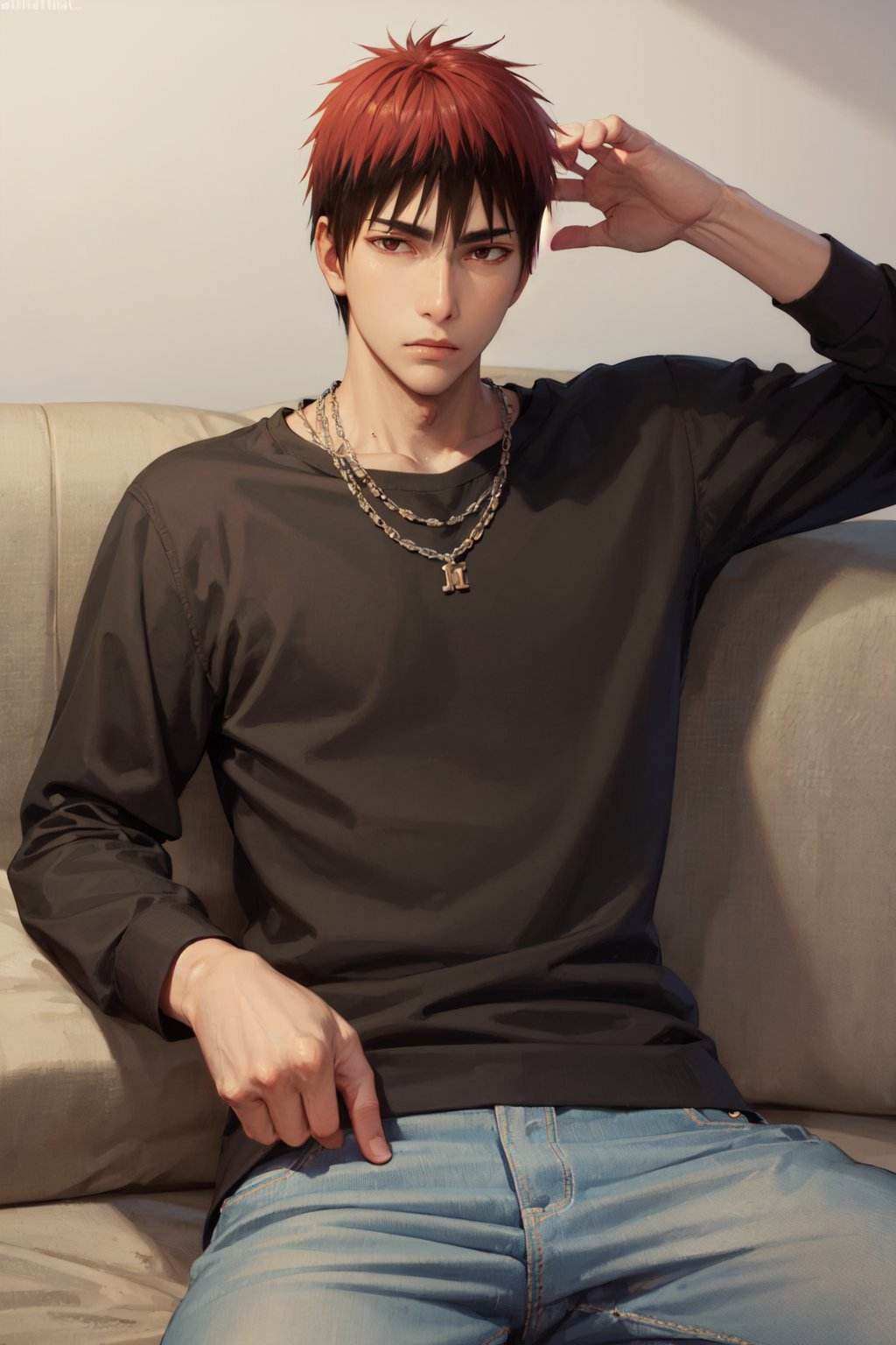 (masterpiece, best quality:1.2), <lora:kb_kagami-10:1>, solo, male focus, 1boy, kagami taiga, expressionless, closed mouth, looking at viewer, sitting, black shirt, long sleeves, jeans, necklace