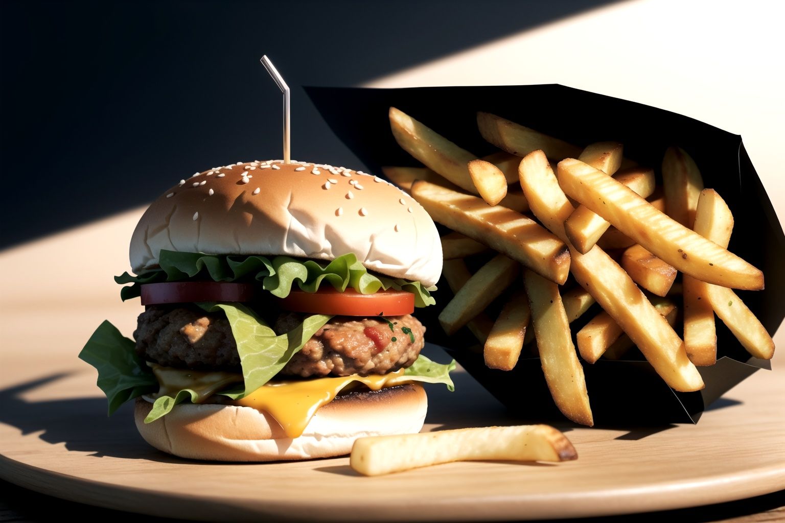 centered,  two tiny burgers and a bunch of french fries,  simple background on Tensor.Art
