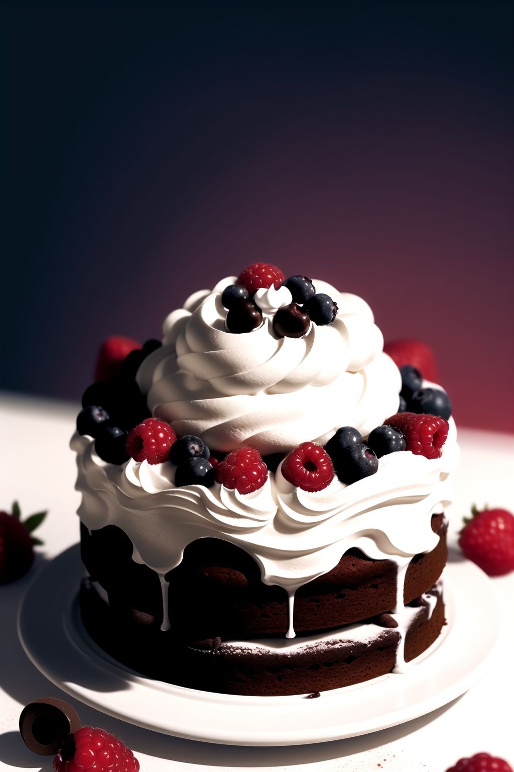 centered,  a delicious chocolate cake with fresh berries and whipped cream,  simple background on Tensor.Art