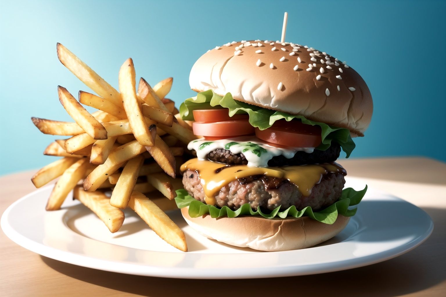 centered,  two tiny burgers and a bunch of french fries,  simple background on Tensor.Art