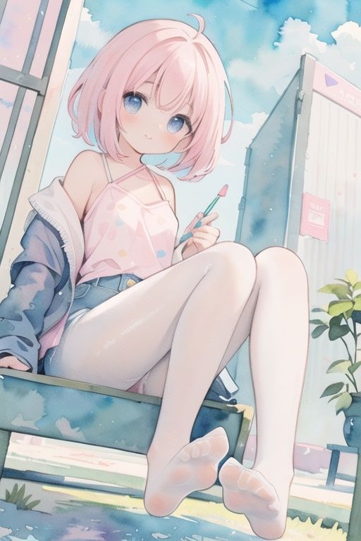 (Masterpiece, best quality:1.2),(ultra-detailed),(pastel color:1.5),(cute illustration:1.5),(watercolor:1.2),shiny skin,1girl,large pectorals, Shag haircut,Pink hair,Denim Jacket,white pantyhose,legs,no shoes, presenting foot,(foot focus:1.3),city,in summer,sunny,from below,<lora:xuegao:0.4>