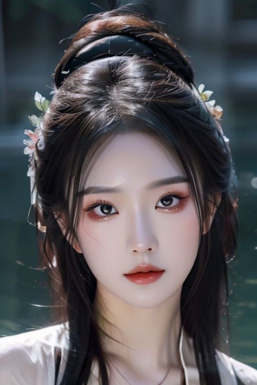 masterpiece, best quality, realistic, 8k, official art, cinematic light, ultra high res, perfect female body, sharp focus, guofeng, 1girl, solo, looking at viewer, portrait, black eyes, closed mouth, blurry background, black hair,close-up