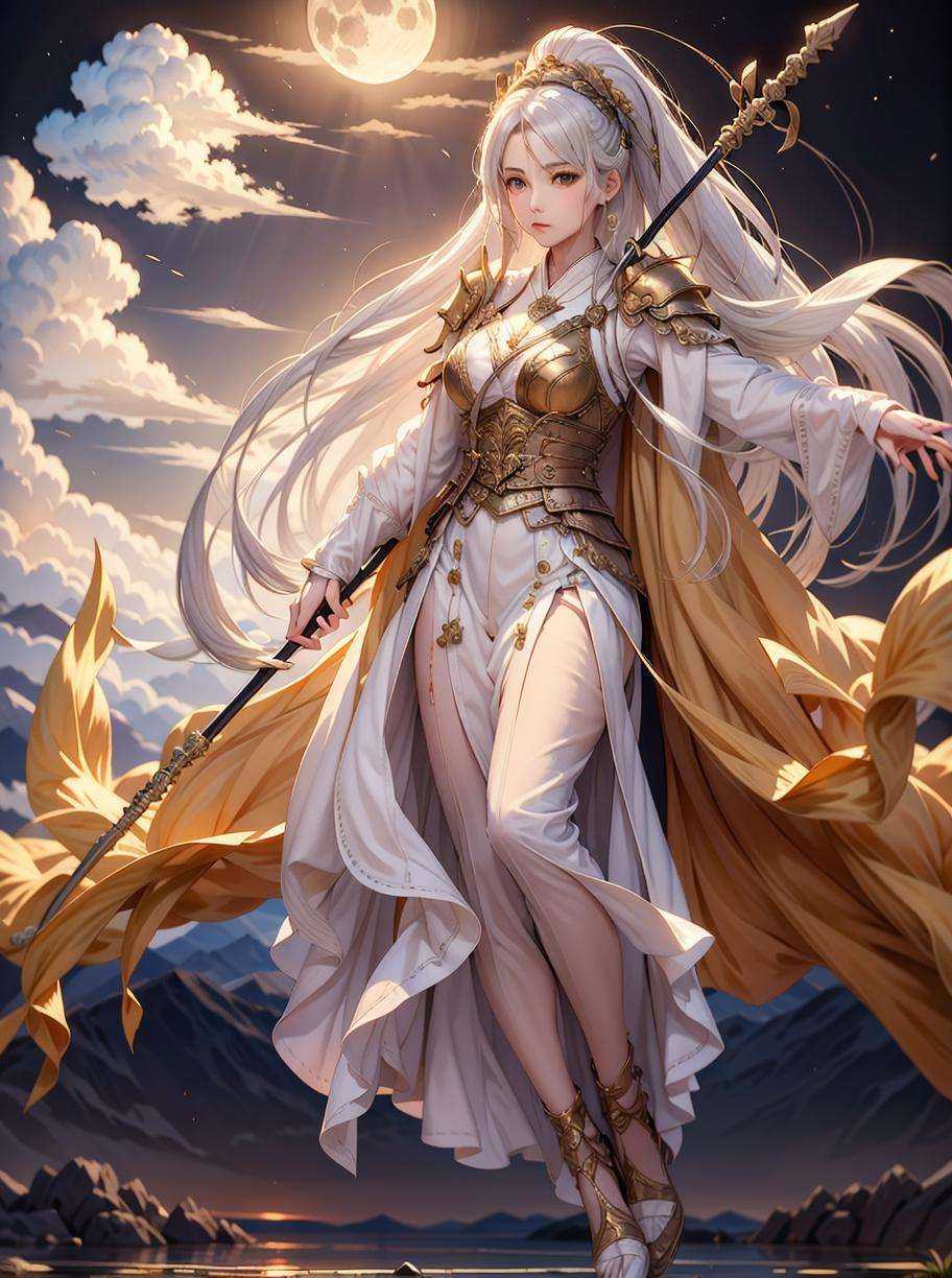 ((masterpiece, best quality)),a girl holding spear, floating hair, white hair, night, moon, cloud, yellow clothes, Chinese general<lora:Chinese_general:0.6>