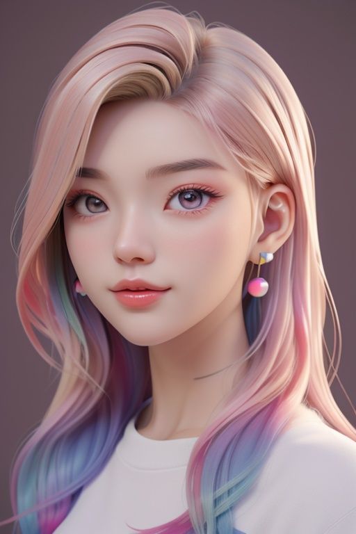 best quality, cartoon_portrait, 1girl, solo, long hair, looking at viewer, blonde hair, simple background, shirt, brown eyes, puiple shirt, pink hair, multicolored hair, earrings, lips