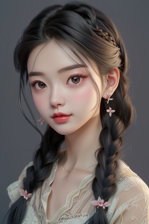 best quality, cartoon_portrait, 1girl, solo, long hair, looking at viewer, simple background, brown hair, black hair, hair ornament, brown eyes, braid, earrings, parted lips, grey background, lips, single braid, hair over shoulder, flower earrings