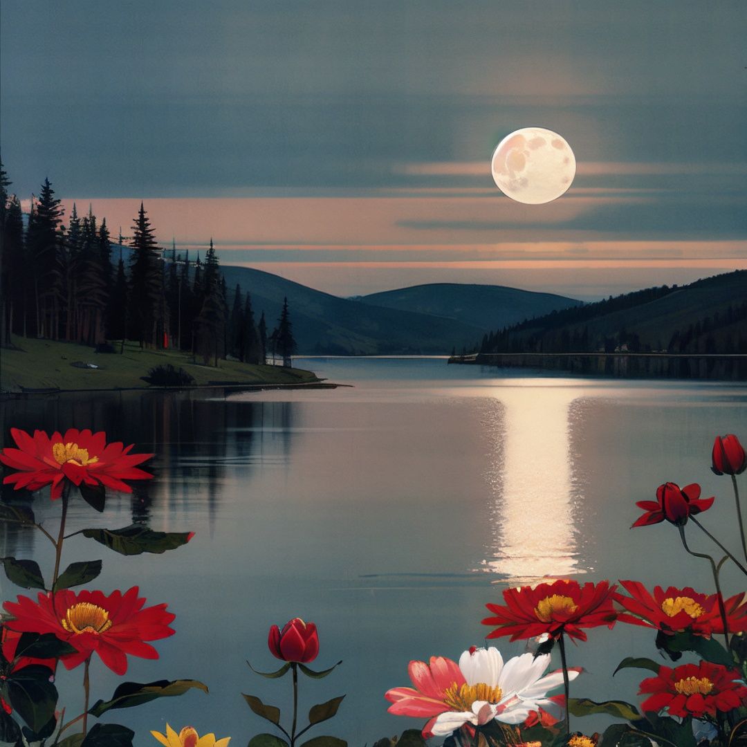 flowers,moon,lake,YTRC