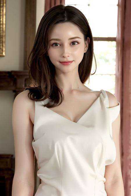 masterpiece, best quality, photorealistic, 8K, RAW photo, ultra highres, extremely detailed eyes and face, extremely detailed, absurdres, Professional,1girl,(small breast),skinny,slender,looking at viewer, long hair, smile,upper body,formal wear,bare shoulders, <lora:darenogare_akemi:0.8>