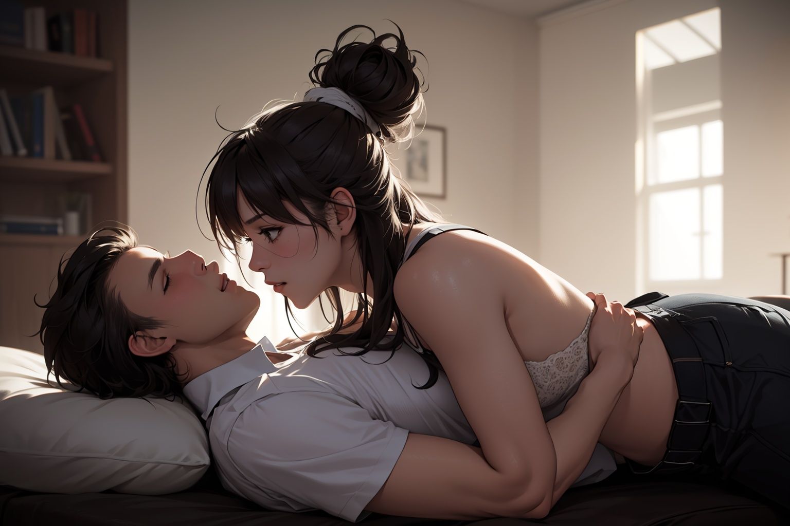 1girl,  1boy,  lying on person on Tensor.Art