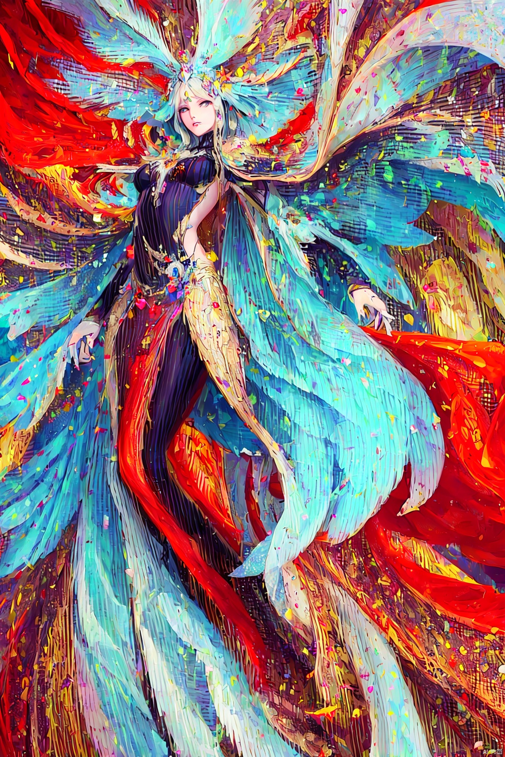  Fractal art, (white and red theme: 1.1), Fractal flowers, Fractal,seecolor,1girl,long hair,chinese style,gao,Fractal long dress,Fractal huge wings on back,(huge wings:1.3)looking_at_viewer, liuti,colorful theme,