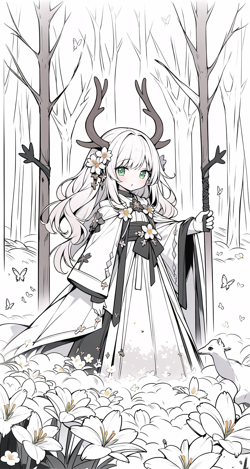 , (masterpiece:1.2), high_quality ,occultism,  Aestheticism Painting , (flat color), best quality, soft lighting, (depth_of_field:1.3),(solo:1.4), [close-up], (1girl), detailed beautiful green eyes, (silvery hair) , deer_ears, messy_long_hair, beautiful_deer_antlers, archbishop_robe ,largr_sleeve, grey_cloak, blooming, looking_at_viewer, lily (flower) ,colorful butterfly, (fantastic colorful),fluorescence, (forest:1.25), tree_shade, (flowers meadows:1.4), ,fantasy